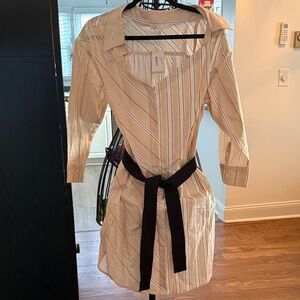 Maje Riavila Striped Beige Shirt Dress with Black Belt